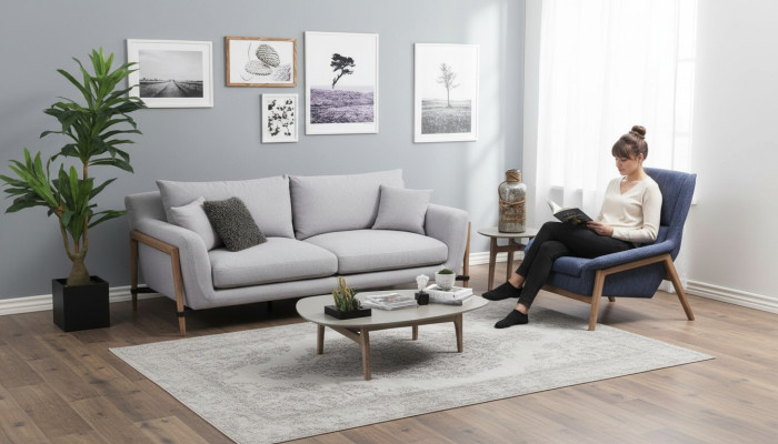 Zestaw sofowy 4 miejsce do siedzenia Fotel Czteroosobowe sofy materiałowe Nowoczesny Design Szary