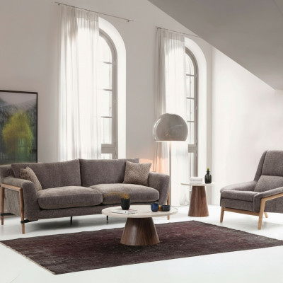 Sofy Zestaw sofowy 4 miejsce do siedzenia Fotel Czteroosobowy Material Salon Szary