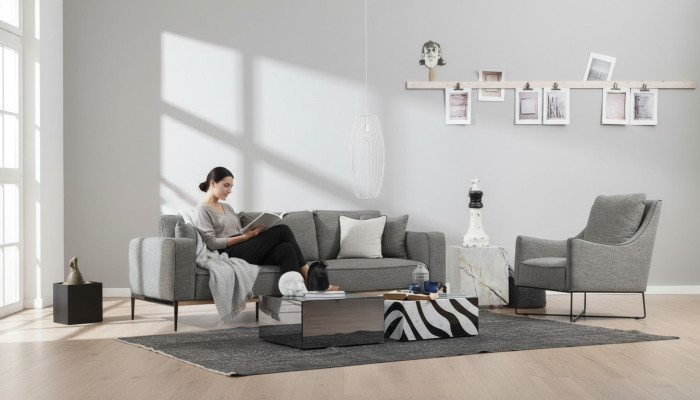 Zestaw sofowy 4 miejsce do siedzenia Fotel Czteroosobowe sofy materiałowe Nowoczesny Design Szary