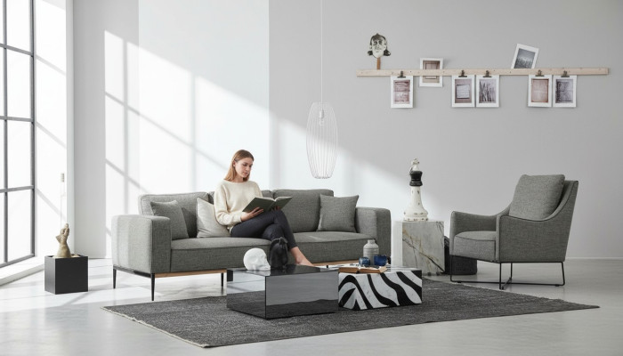 Zestaw sofowy 3 miejsce do siedzenia Fotel Trzyosobowe sofy materiałowe Nowoczesny Design Szary
