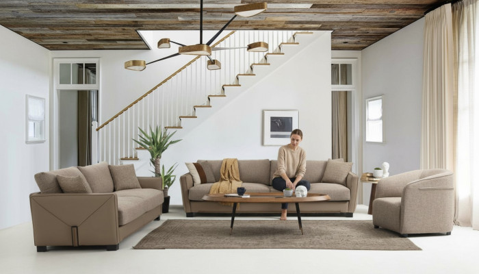 Nowoczesny Zestaw sofowy Set 331 miejsce do siedzenia Fotel trzyosobowy Modern Material Beige Zestaw 3-częściowy