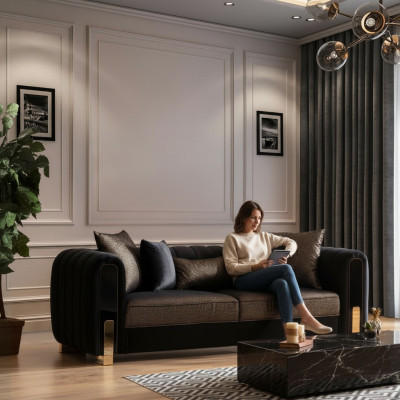 Sofa Trzyosobowa Trzyosobowa Nowoczesny Materiał Czarny Sofy Design Salon