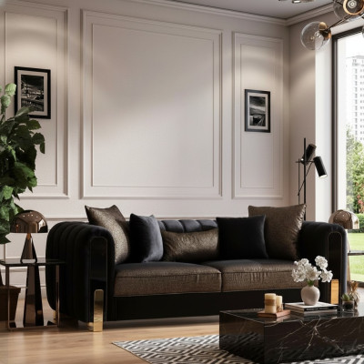 Sofa Trzyosobowa Trzyosobowa Nowoczesny Materiał Czarny Sofy Design Salon