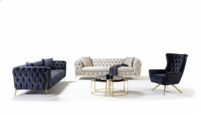 Chesterfield Zestaw sofowy trzyosobowy Fotel niebieski luksusowy zestaw 3 sztuki 3+3+1