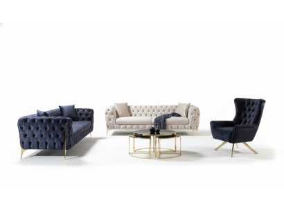 Chesterfield Zestaw sofowy trzyosobowy Fotel niebieski luksusowy zestaw 3 sztuki 3+3+1