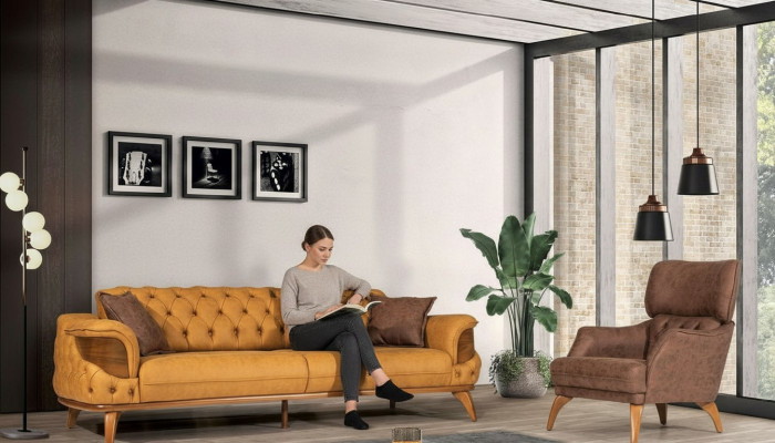 Nowoczesny zestaw wypoczynkowy Chesterfield trzyosobowe luksusowe sofy Fotel żółty 2-częściowy