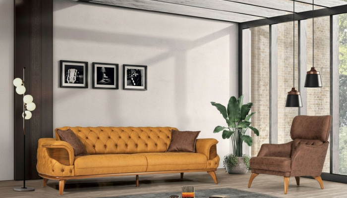 Nowoczesny zestaw wypoczynkowy Chesterfield trzyosobowe luksusowe sofy Fotel żółty 2-częściowy