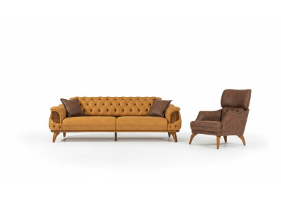 Nowoczesny zestaw wypoczynkowy Chesterfield trzyosobowe luksusowe sofy Fotel żółty 2-częściowy