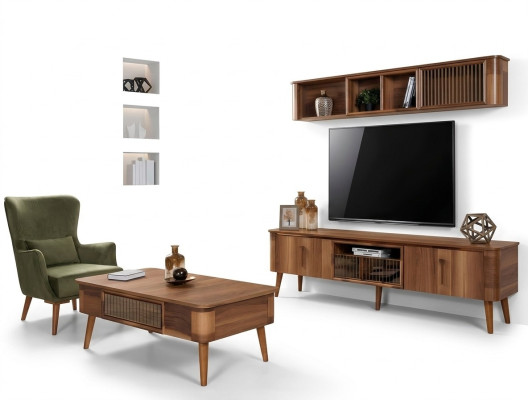 Kredens rtv pod telewizor Skóra Drewno Tabela TV Szafa Tabela Design Niski 2-częściowy. Ustaw nowy