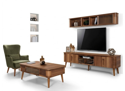 Kredens rtv pod telewizor Skóra Drewno Tabela TV Szafa Tabela Design Niski 2-częściowy. Ustaw nowy