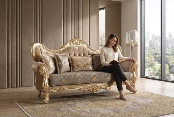 Chesterfield Barokowa Sofa Trzyosobowa Meble Sofa Materiał Złote Kanapy