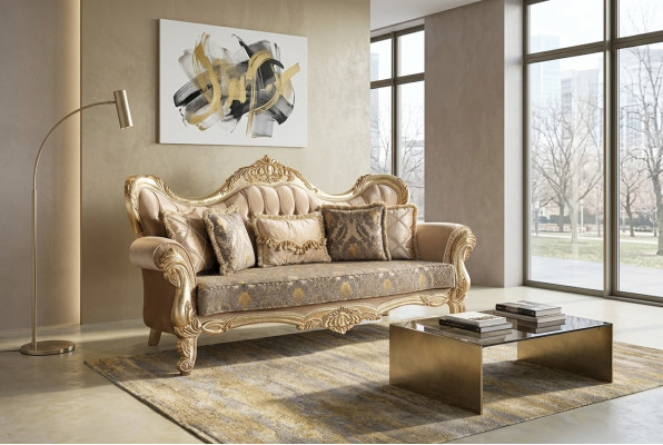 Chesterfield Barokowa Sofa Trzyosobowa Meble Sofa Materiał Złote Kanapy