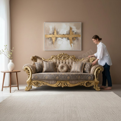 Chesterfield Barokowa Sofa Trzyosobowa Meble Sofa Kanapy Materiał Złoty