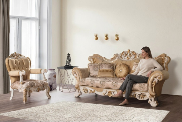 Salon Luksusowa Sofa Beżowa Zestaw sofowy Sofy Fotel 3+1 miejsce do siedzenia Material Design