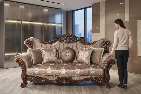 Barokowa trzyosobowa kanapa Chesterfield Meble Sofa Kanapy Materiał Brązowy