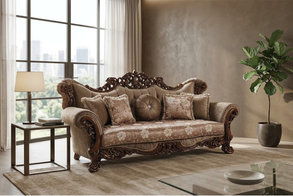 Barokowa trzyosobowa kanapa Chesterfield Meble Sofa Kanapy Materiał Brązowy