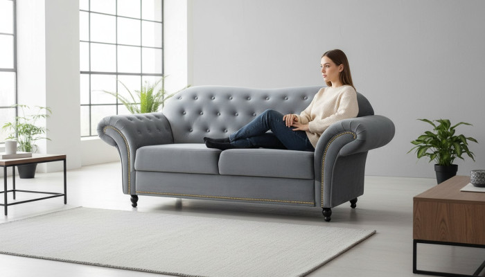 Dwuosobowa Sofa Chesterfield Szary Podkładka Meble Materiał Kanapy Sofy Włókiennicze