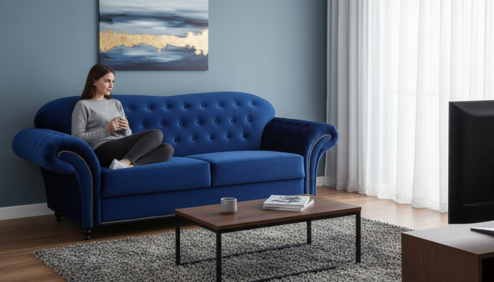 Sofa Trzyosobowa Włókienniczy Sofa Niebieska Podkładka Meble Meble Sofy Kanapy