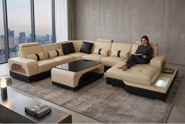 Skóra Sofa Modern Couch Design Żywy krajobraz + Tabela Narożnik Couches Siedziba z USB