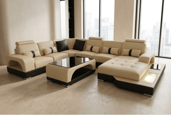Skóra Sofa Modern Couch Design Żywy krajobraz + Tabela Narożnik Couches Siedziba z USB