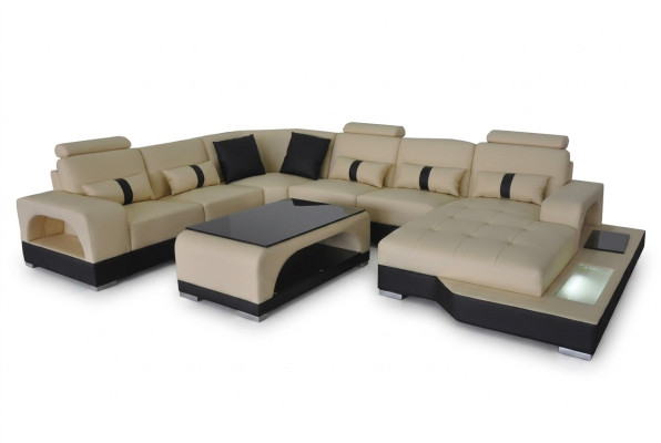 Skóra Sofa Modern Couch Design Żywy krajobraz + Tabela Narożnik Couches Siedziba z USB