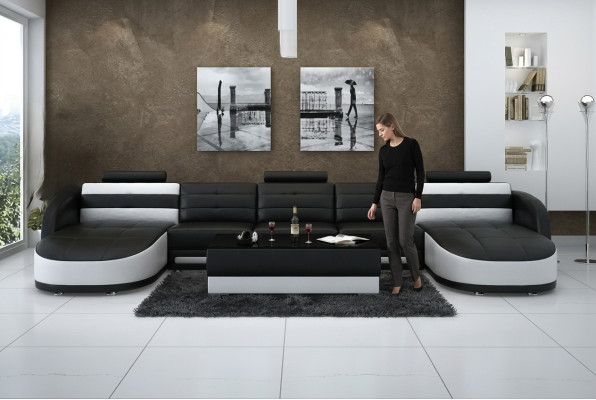 Design Skóra Żywy krajobraz Narożnik Sofa Nowoczesna Ustaw Sofa Narożnik USB Nowy Czarny