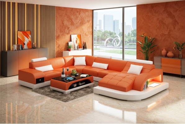 Sofa skórzana kanapa Żywy krajobraz Narożnikowa kanapa Narożnik Ustaw Design Nowoczesna Sofa USB Nowość
