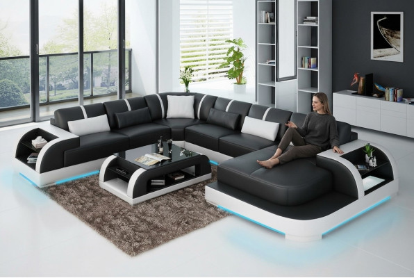 Nowoczesna skórzana sofa kanapa Żywy krajobraz design Narożnikowa kanapa Narożnik Ustawić sofę oświetloną USB