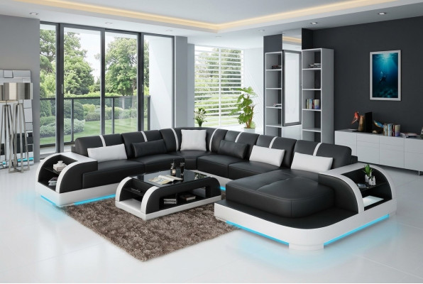 Nowoczesna skórzana sofa kanapa Żywy krajobraz design Narożnikowa kanapa Narożnik Ustawić sofę oświetloną USB