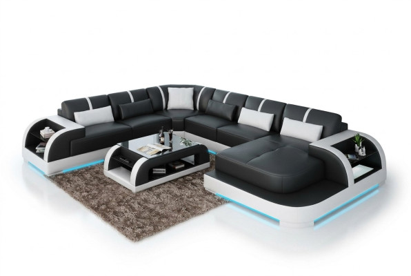 Nowoczesna skórzana sofa kanapa Żywy krajobraz design Narożnikowa kanapa Narożnik Ustawić sofę oświetloną USB