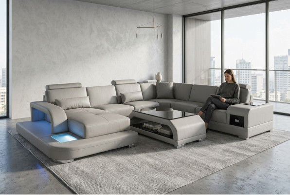 Narożnik Sofa z USB Podkładka Couch Siedziba Szara Skóra Ustawić Modern Żywy krajobraz