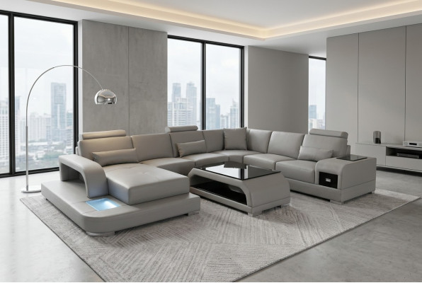 Narożnik Sofa z USB Podkładka Couch Siedziba Szara Skóra Ustawić Modern Żywy krajobraz