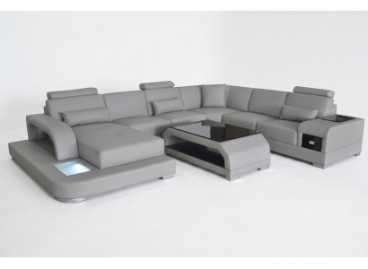 Narożnik Sofa z USB Podkładka Couch Siedziba Szara Skóra Ustawić Modern Żywy krajobraz