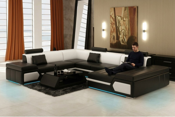 Skórzana sofa sofa kanapa Żywy krajobraz Narożnikowa kanapa Ustaw Design Modern Czarny +USB