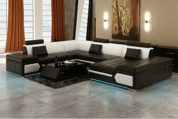 Skórzana sofa sofa kanapa Żywy krajobraz Narożnikowa kanapa Ustaw Design Modern Czarny +USB