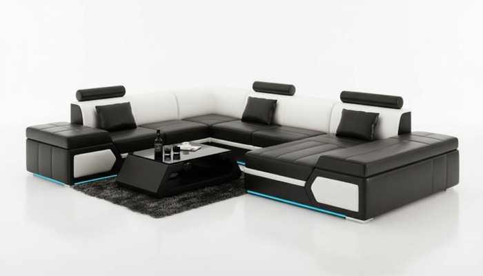 Skórzana sofa sofa kanapa Żywy krajobraz Narożnikowa kanapa Ustaw Design Modern Czarny +USB