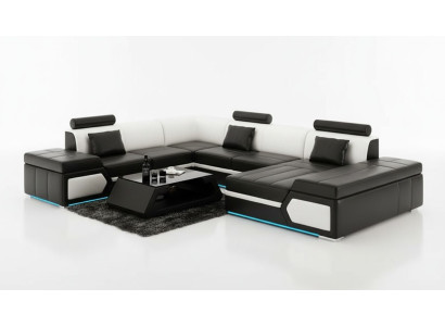 Skórzana sofa sofa kanapa Żywy krajobraz Narożnikowa kanapa Ustaw Design Modern Czarny +USB