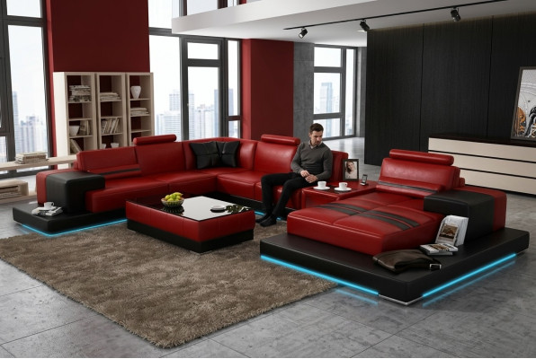 Skórzana sofa kanapa Żywy krajobraz Narożnikowa kanapa Narożnik Ustaw Design Nowoczesna Sofa + USB