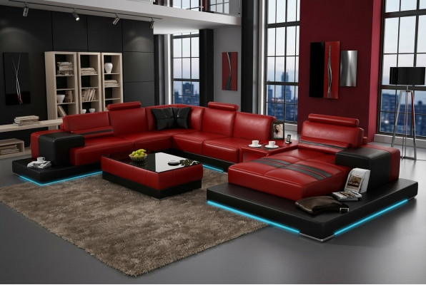 Skórzana sofa kanapa Żywy krajobraz Narożnikowa kanapa Narożnik Ustaw Design Nowoczesna Sofa + USB