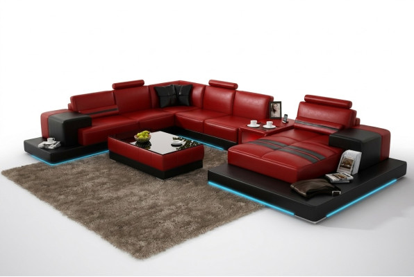 Skórzana sofa kanapa Żywy krajobraz Narożnikowa kanapa Narożnik Ustaw Design Nowoczesna Sofa + USB