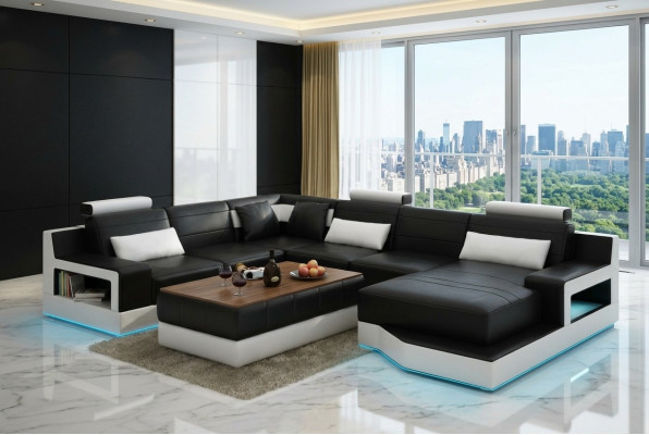 Design Skóra Żywy krajobraz Narożnik Sofa Nowoczesna Ustaw Sofa Narożnik Czarny USB Nowość