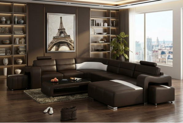 Skórzana sofa kanapa Żywy krajobraz Narożnik kanapa Narożnik Ustaw Design Nowoczesna Sofa z USB