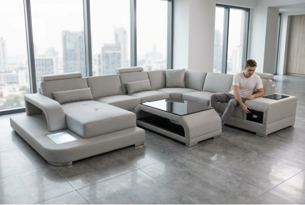 Skórzana sofa Żywy krajobraz Narożnikowa kanapa z miejscem do wypoczynku kanapa + USB + stolik