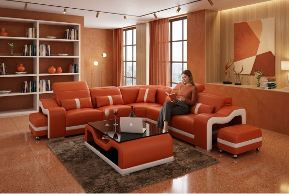 Desing Narożnikowa kanapa Sofa Kanapa Skóra Narożnik L Form Żywy krajobraz Podkładka Zestaw narożny