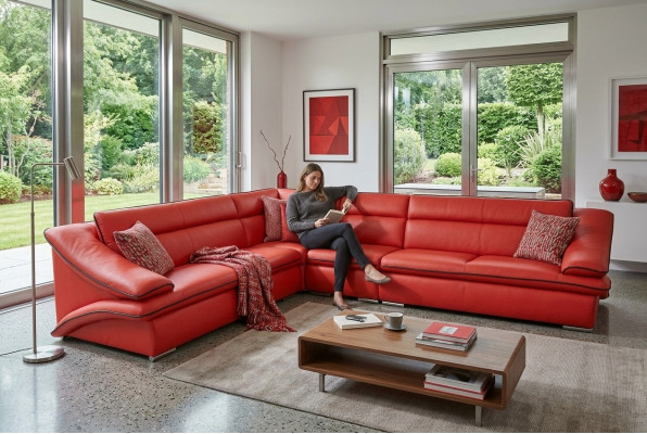Design Skóra Żywy krajobraz Narożnik Sofa Nowoczesna kanapa Ustawić Narożnik Czerwony USB + LED