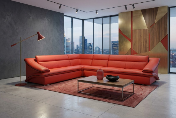 Design Skóra Żywy krajobraz Narożnik Sofa Nowoczesna kanapa Ustawić Narożnik Czerwony USB + LED