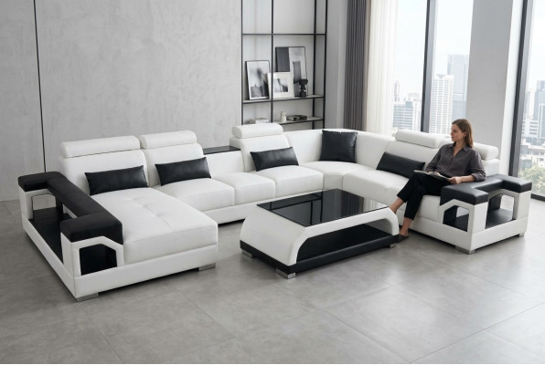 Skóra Narożnik Kanapa Nowoczesna Siedziba Couch Design Żywy krajobraz + Tabela + USB