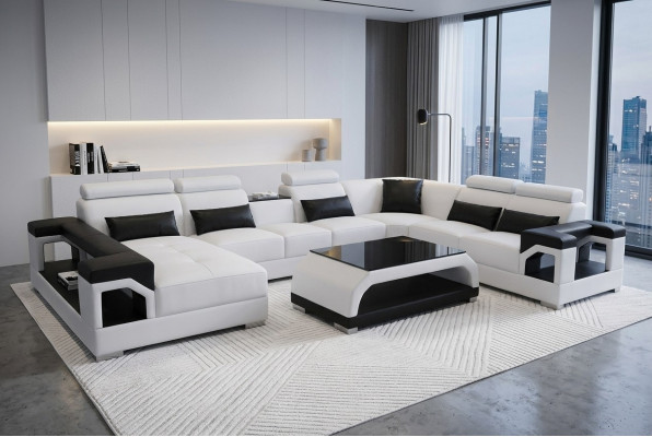 Skóra Narożnik Kanapa Nowoczesna Siedziba Couch Design Żywy krajobraz + Tabela + USB