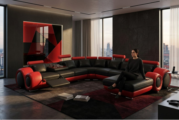Skórzana sofa kanapa Żywy krajobraz Narożnik kanapa Narożnik Ustaw Design Nowoczesna Sofa z USB