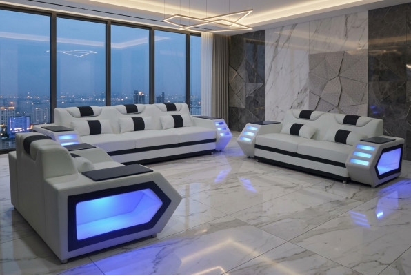 Sofa Kanapa Siedziba Podkładka Kompletny Zestaw Grupa Skóra Ustawić 3+2+1 + LED + USB Nowy